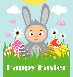 Easter Background With Boy In Costume Rabbit