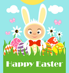 Easter Background With Boy In White Costume Rabbit