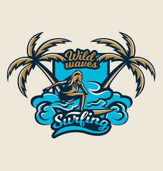 Colorful logo emblem sticker surfer girl is Vector Image