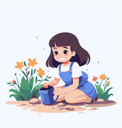 Cute Little Girl Watering Flowers In The Garden