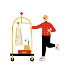 Male Bellhop With Luggage Cart Hotel Staff