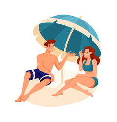 Man And Woman Character On Beach Under Umbrella