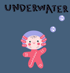 Hand Drawn Axolotl Diver In The Sea And Text