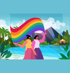 Lesbian Couple Holding Rainbow Flag Transgender