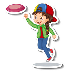 Girl Playing Frisbee Cartoon Character Sticker