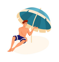 Man Character On Beach Under Umbrella Sunbathing