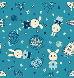 Seamless Pattern With Rabbits Cosmonauts Explore