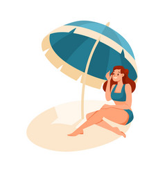 Woman Character On Beach Under Umbrella Sunbathing