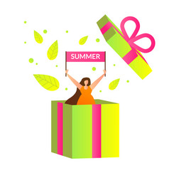 Woman Pop Up Out Gift Box With Summer Banner