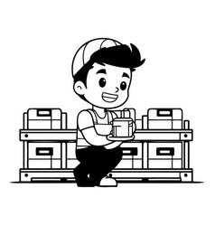 Cute Little Boy Working With Boxes In Warehouse