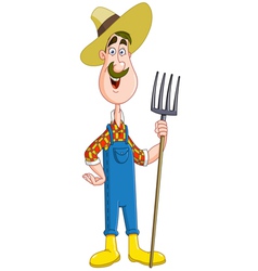 Cartoon farmer holding a pitchfork Royalty Free Vector Image