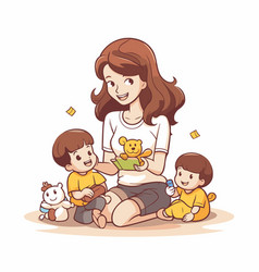 Mother And Children Playing With Toys In Cartoon