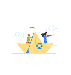 Business People Floating On Paper Boat Woman