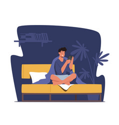 Male Character With Phone Sit In Bed Wrapped