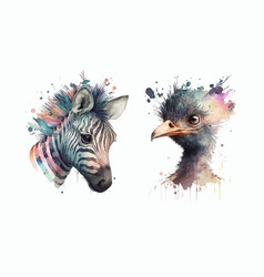 Zebra And Ostrich In Watercolor Style Isolated