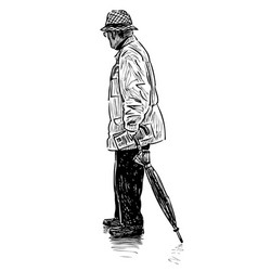 Sketch Of Senior Man In Hat With Umbrella