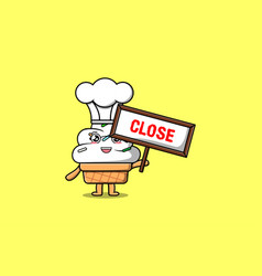 Cute Cartoon Ice Cream Chef Hold Close Sign Board