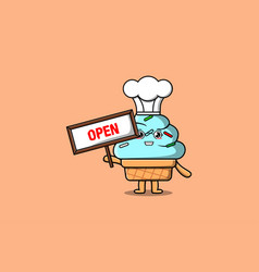 Cute Cartoon Ice Cream Holding Open Sign Board