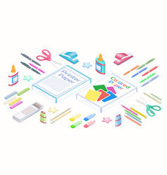 Office Supplies In 3d Isometric Style Writing