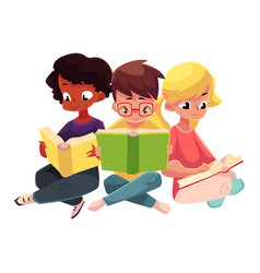 Three Children Boys And Girls Reading Books