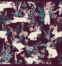 Seamless Pattern With Wild Flowers And Rabbits