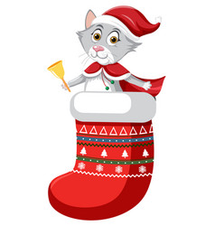 Cute Cat In Christmas Stocking In Cartoon Style