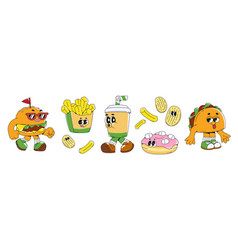 Retro Groovy Style Food Cartoon Character Set