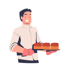 Man Baker Holding Hot Fresh Baked Loaf On Tray