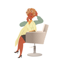 Woman Character With Hair Curlers Waiting