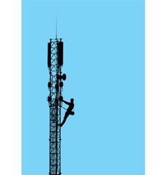 Silhouette Of Worker Climbing On Mobile Tower