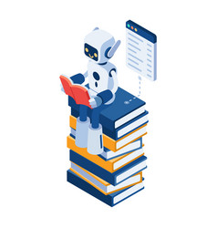 Isometric Ai Robot Reading On Stack Of Books