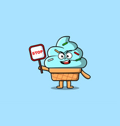 Cute Cartoon Mascot Ice Cream With Stop Sign Board