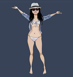 Cartoon Pale Skinned Woman In Swimsuit And Hat