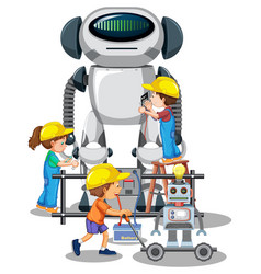 Children Building Robot Together On White