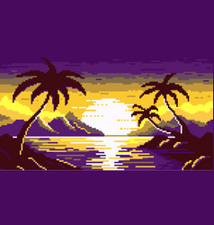 Dawn On Pixel Island With Palm Trees Background