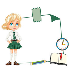 Cartoon Schoolgirl With Book Pencil And Clock