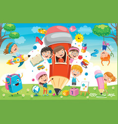 Children playing at pencil house Royalty Free Vector Image