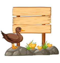 Cartoon Ducks Beside A Blank Wooden Signboard