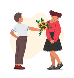 Child Boy Giving Flowers To Girl Friend Little