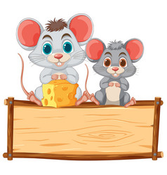 Two Cute Mice Sharing Cheese On A Wooden Sign