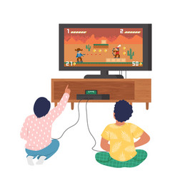 Two Kids Play Video Game Console On Tv