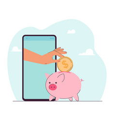 Hand From Phone Throwing Dollar Coin Into Piggy