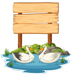 Two Ducks Swimming Near A Blank Wooden Sign