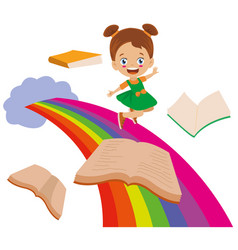 Rainbow And Flying Book Cute Boy