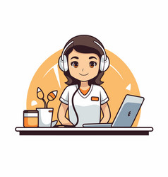 Young Woman With Headphones And Laptop In Cartoon