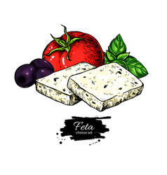 Greek Feta Cheese Block Slice Drawing Hand