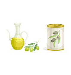 Olive In Can And Yellow Oil In Glass Pitcher