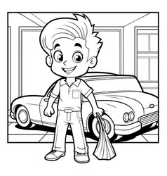 Black And White Cartoon Of Kid Boy Car Dealer