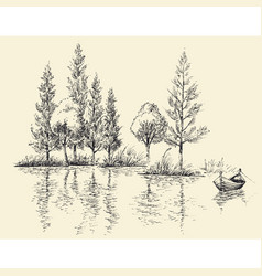 Small Boat On Calm Water Lake Drawing Sketched