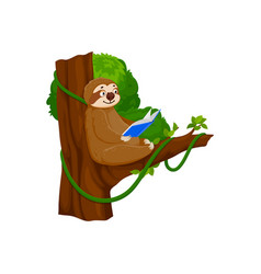 Cartoon Funny Sloth Character Reading On Tree